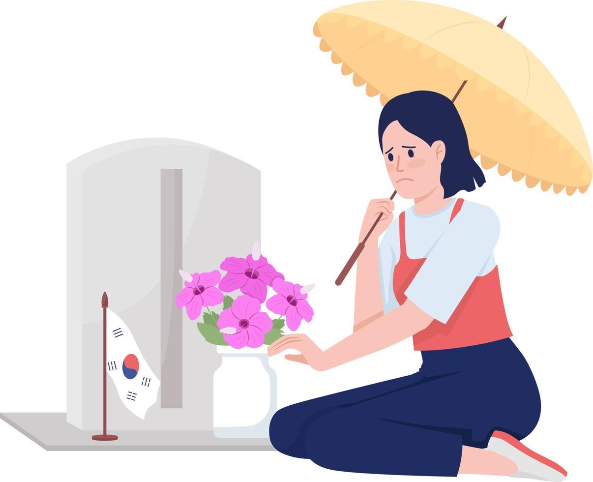 Sad woman on soldier grave semi flat color vector character
