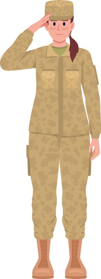 mujer militar saludando carácter vectorial de color semiplano vector