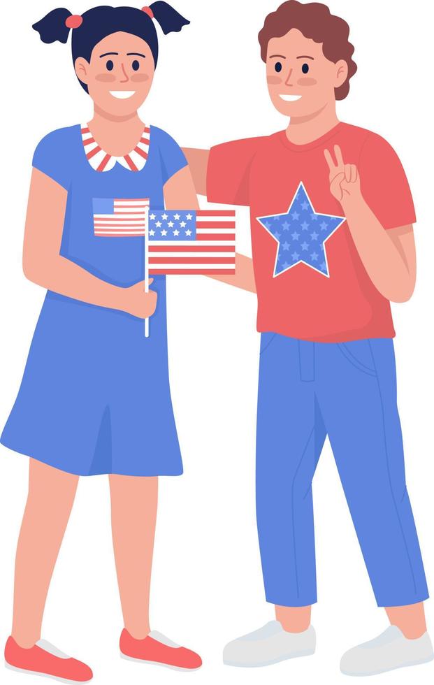 niños felices con caracteres vectoriales de color semiplano de la bandera americana vector