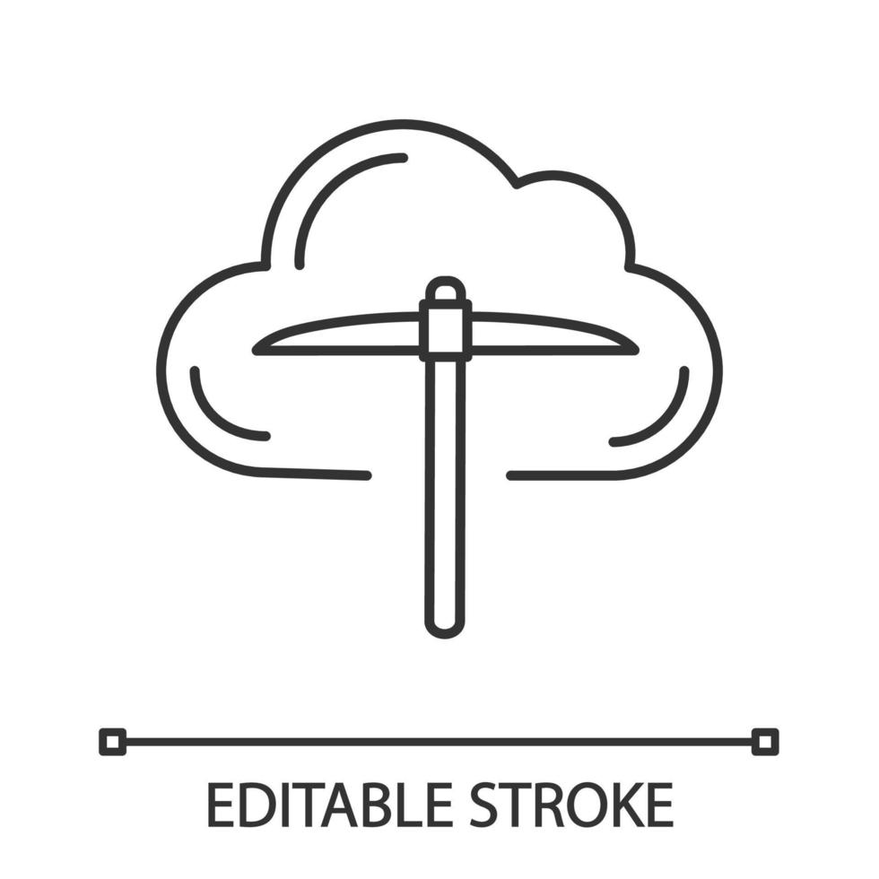 Cryptocurrency cloud mining service linear icon. Crypto mining. Thin line illustration. Cryptocurrency business. Cloud with pickaxe. Contour symbol. Vector isolated outline drawing. Editable stroke