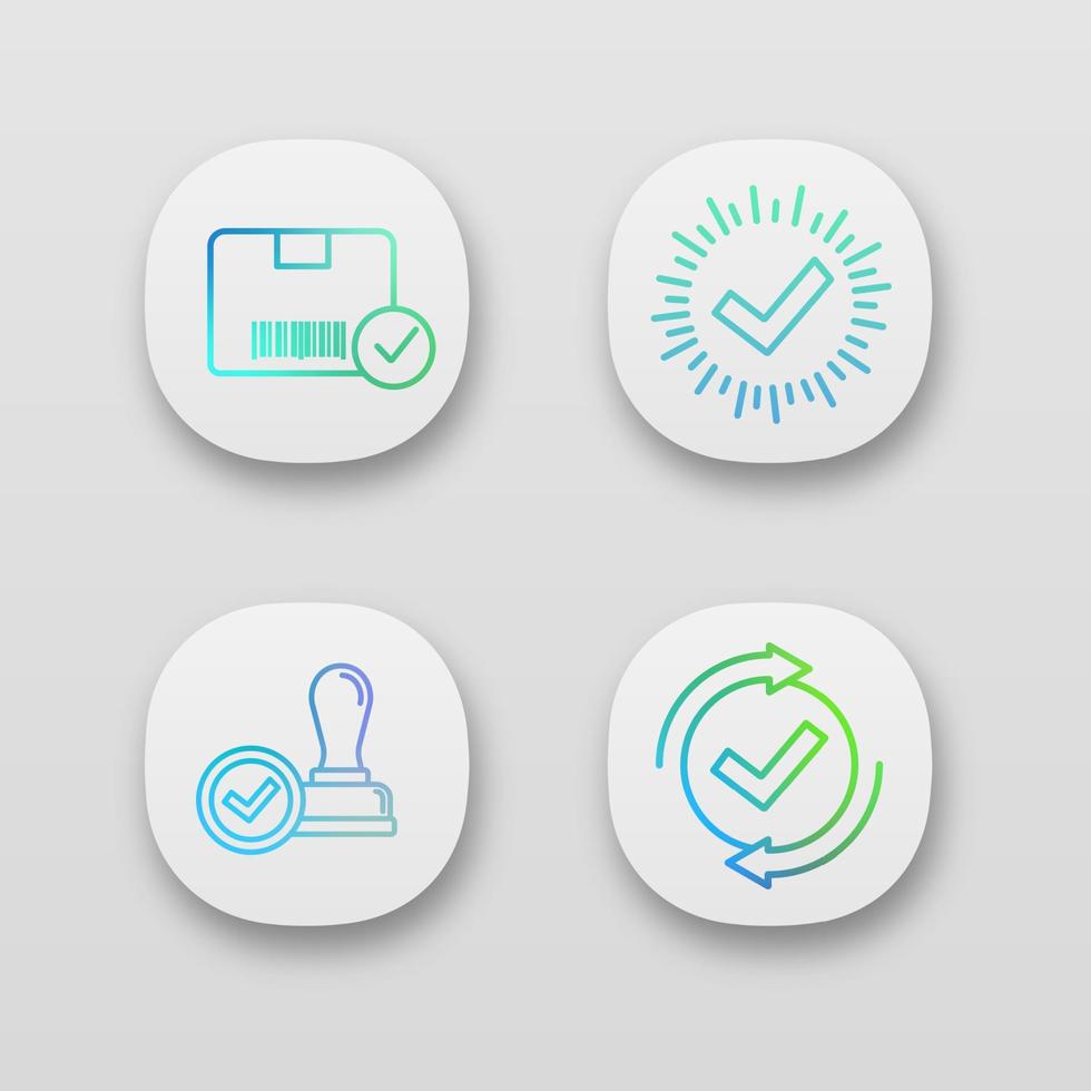 Approve app icons set. Verification and validation. Approved delivery, check mark, stamp of approval, checking process. UI UX user interface. Web or mobile applications. Vector isolated illustrations