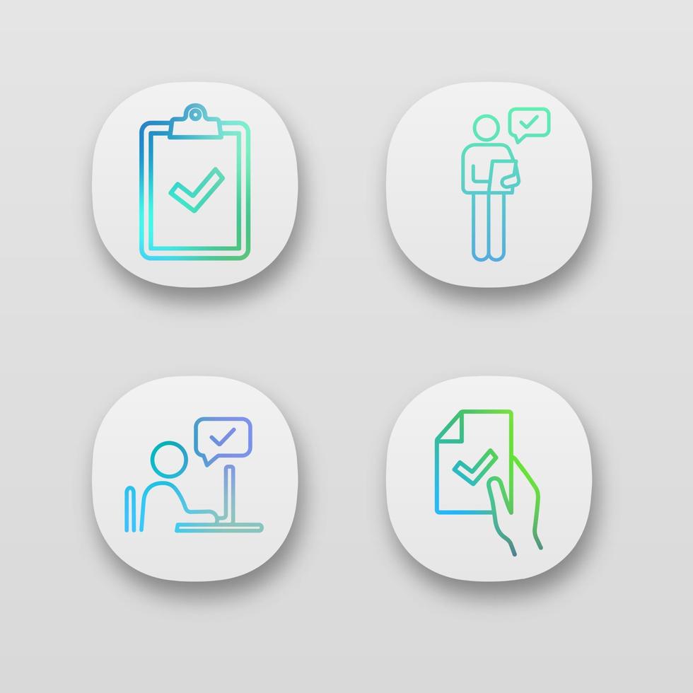 Approve app icons set. Verification and validation. Clipboard with check mark, person checking document, contract signing, approval chat. UI UX user interface. Vector isolated illustrations