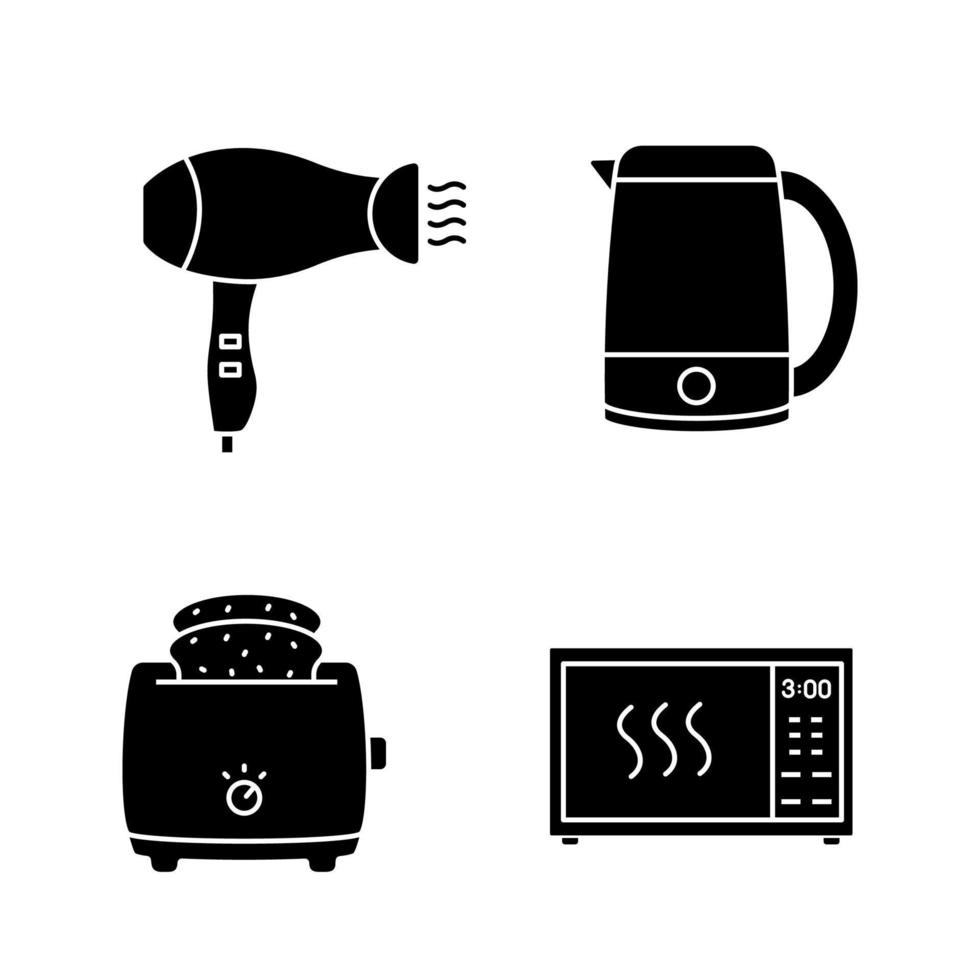 Household appliance glyph icons set. Hair dryer, electric kettle, slice toaster, microwave oven. Silhouette symbols. Vector isolated illustration