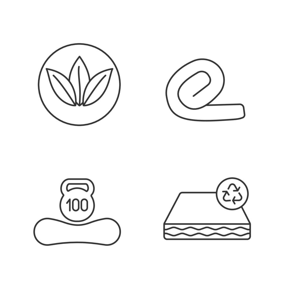Orthopedic mattress linear icons set. Ecological, recyclable and reusable property, weight limit, springless roll up mattress. Thin line symbols. Isolated vector outline illustrations. Editable stroke