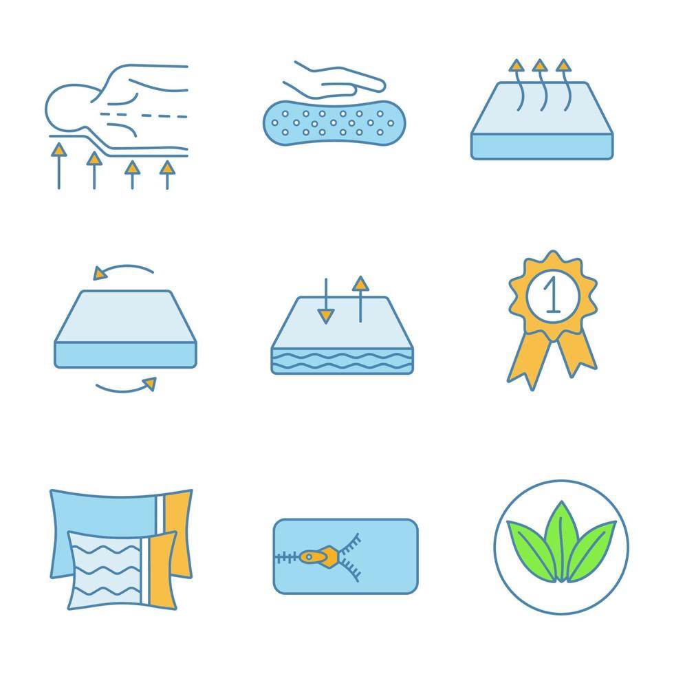 Mattress color icons set. Orthopedic, latex, breathable, dual season, ecological mattress with removable cover, pillows and award medal. Isolated vector illustrations