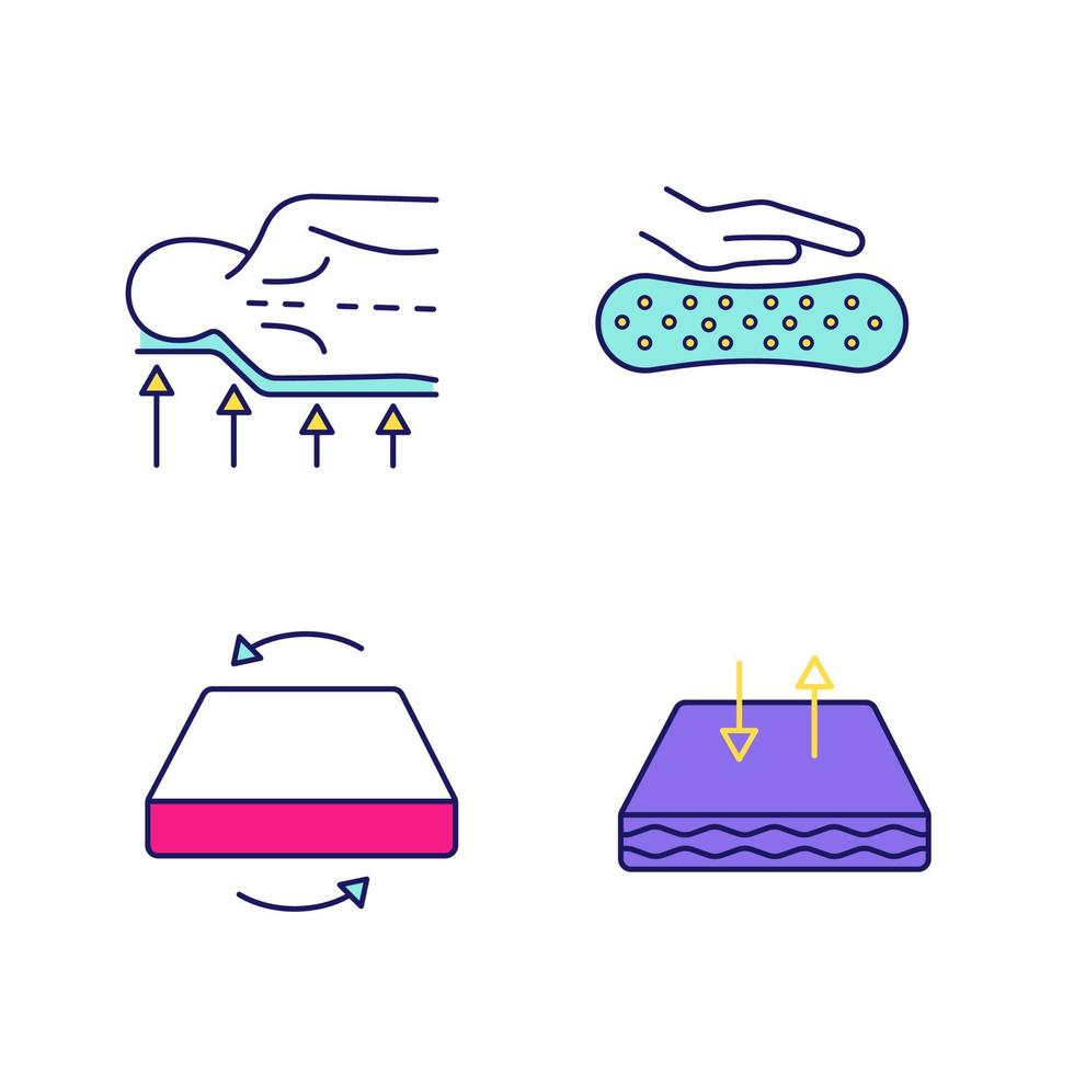 Orthopedic mattress color icons set. Back support, latex material, dual season mattress, breathable cover. Isolated vector illustrations