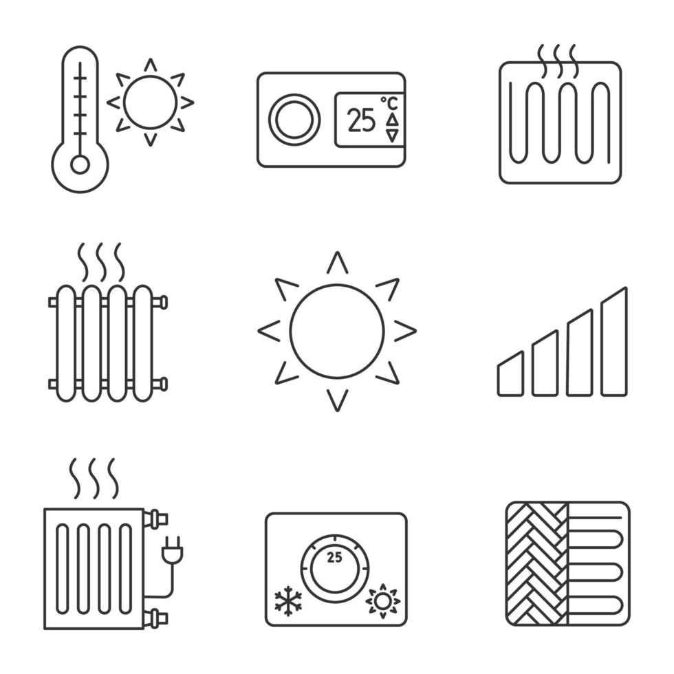 Air conditioning linear icons set. Summer, thermostat, heating , radiator, heater, sun, power level, climate control, floor heating. Thin line symbols. Isolated vector illustrations. Editable stroke