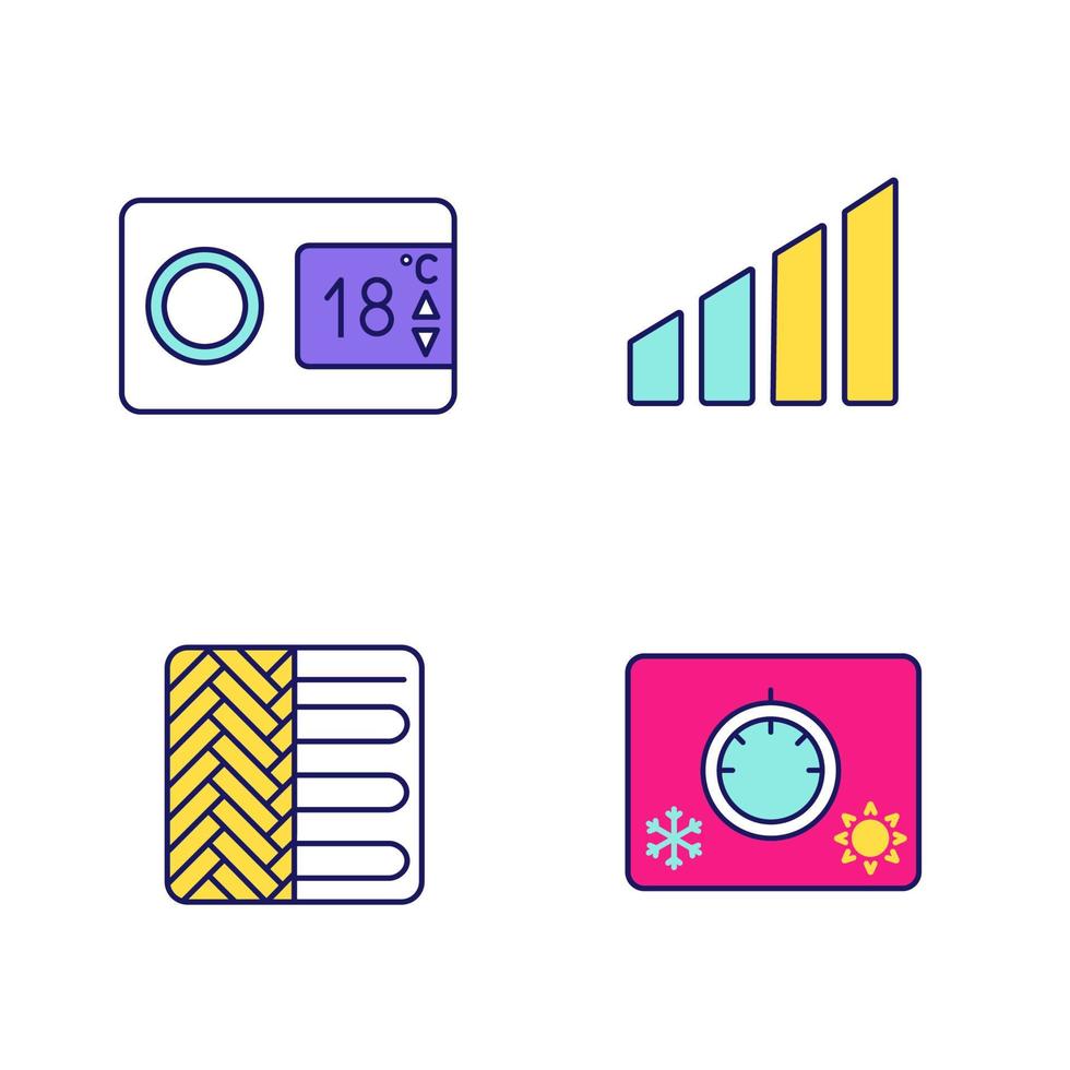 Air conditioning color icons set. Digital thermostat, power level, floor heating, climate control. Isolated vector illustrations