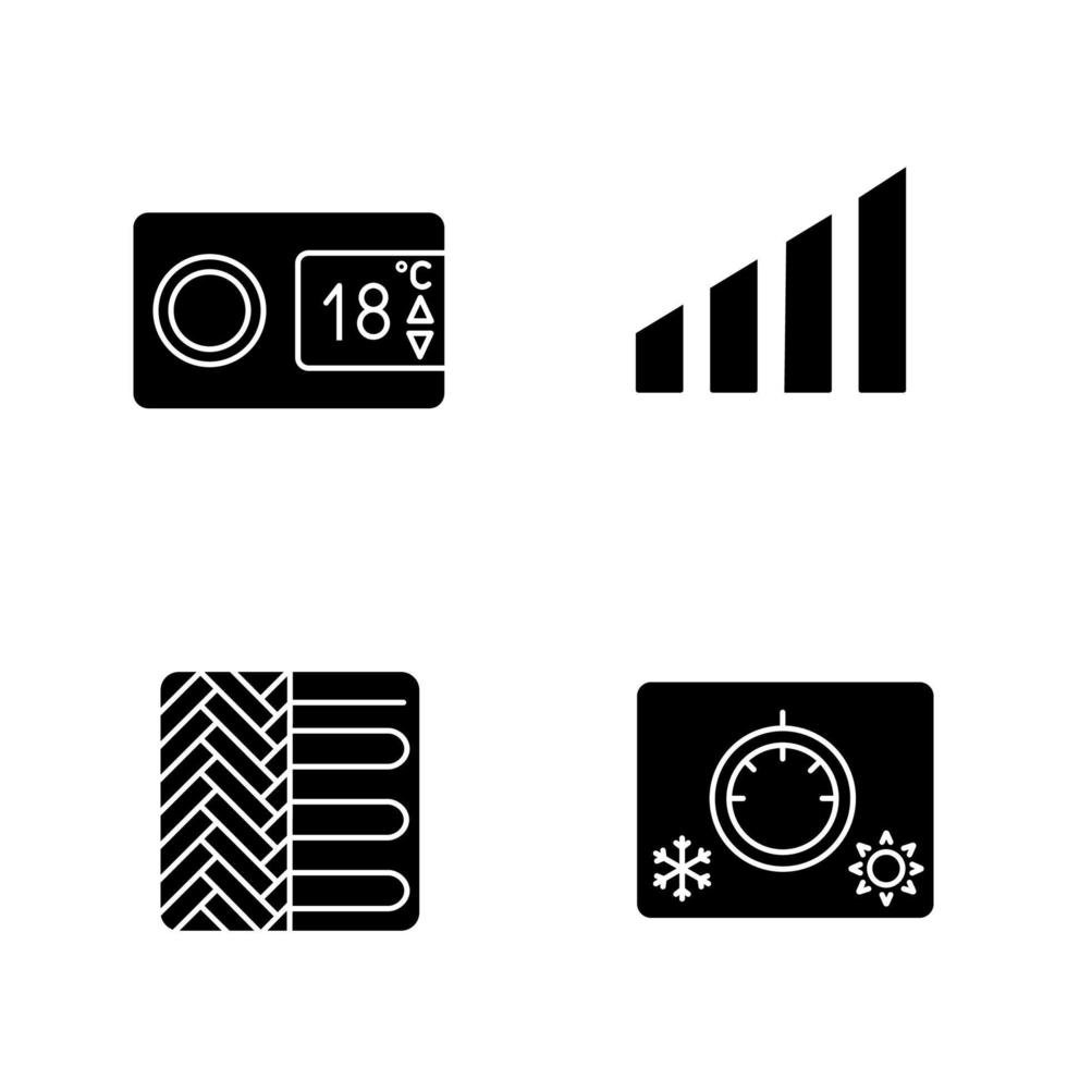 Air conditioning glyph icons set. Digital thermostat, power level, floor heating, climate control. Silhouette symbols. Vector isolated illustration