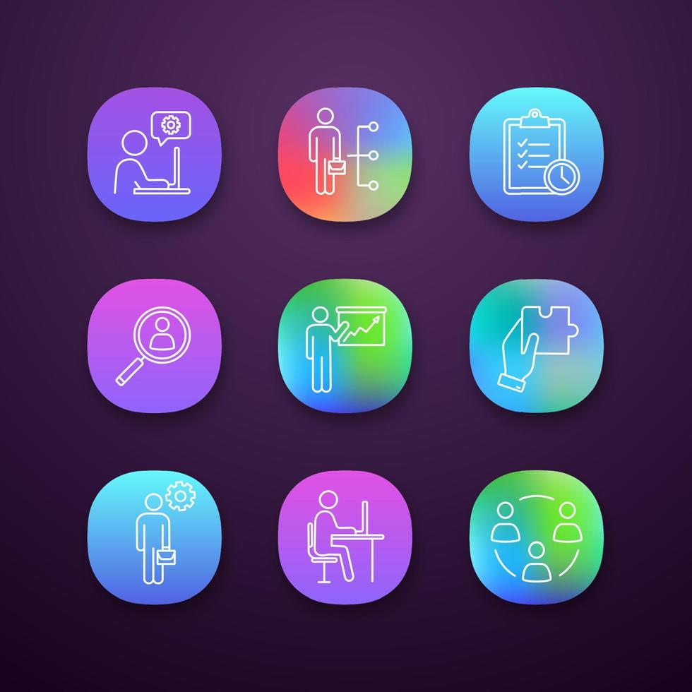 conjunto de iconos de aplicaciones de gestión empresarial. Interfaz ui ux. chat técnico, habilidades de los empleados, planificación de tareas, búsqueda de personal, presentación, solución, gerente, oficina, trabajo en equipo. Ilustraciones de vectores aislados