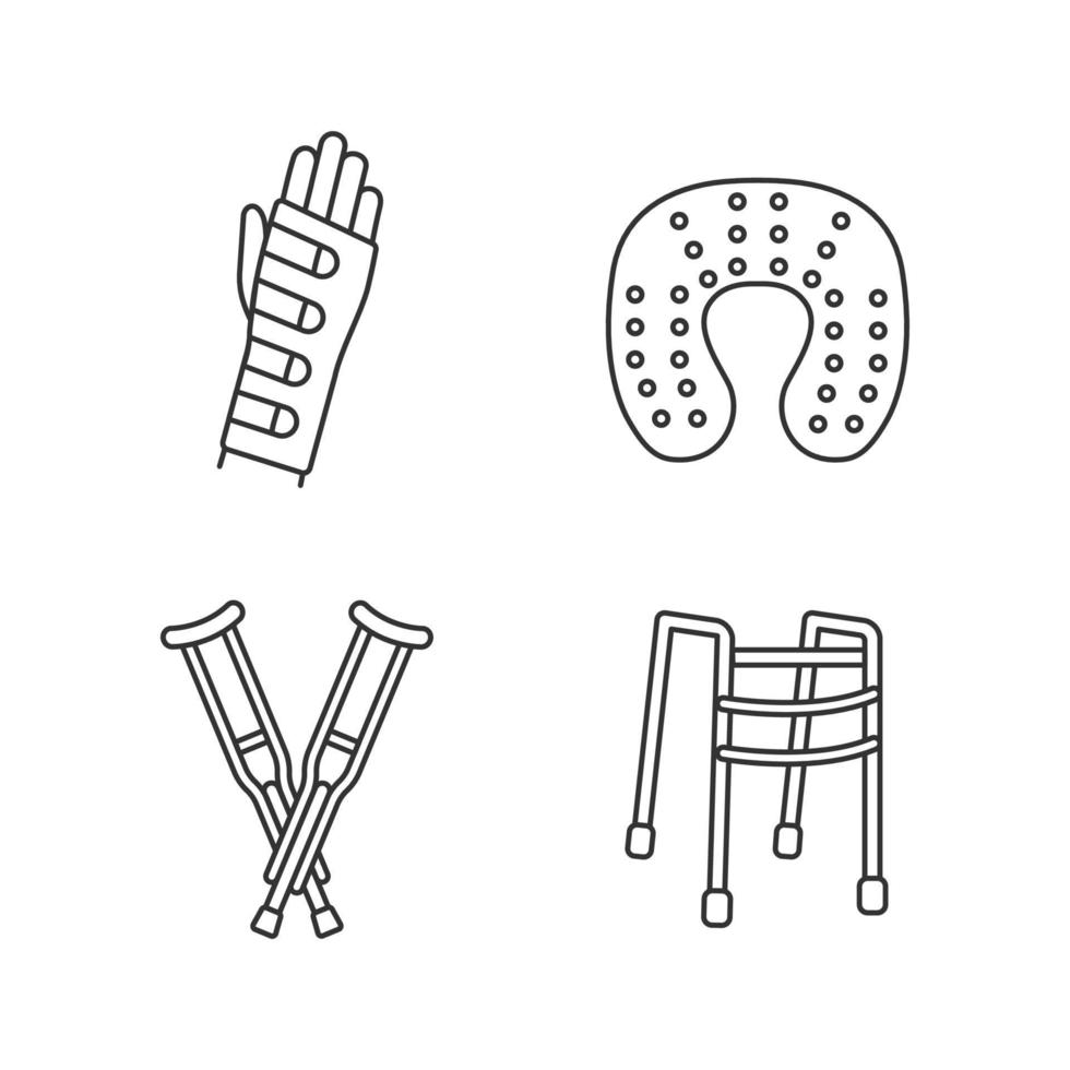 Trauma treatment linear icons set. Wrist brace, neck pillow, axillary crutches, walker. Thin line contour symbols. Isolated vector outline illustrations. Editable stroke