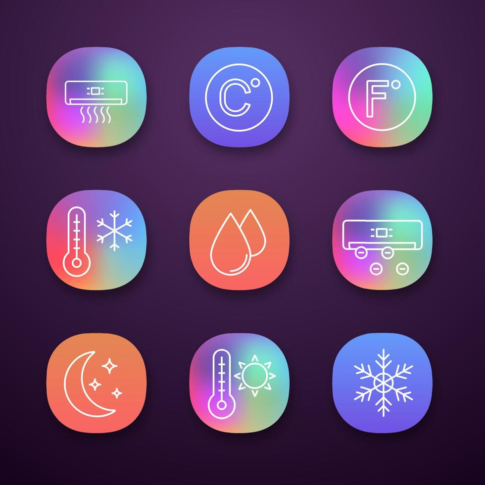 Air conditioning app icons set. Conditioner, Celsius, Fahrenheit, winter and summer temperature, water drop, ionizer, night mode, snowflake. Web or mobile applications. Vector isolated illustrations