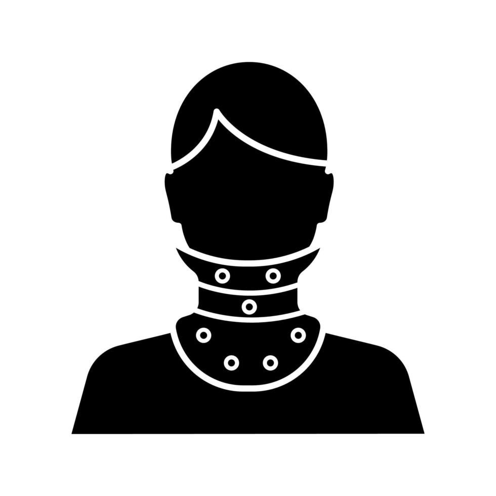Cervical collar glyph icon. Neck brace. Medical plastic neck support. Silhouette symbol. Orthopedic collar. Traumatic head and neck injuries treatment. Negative space. Vector isolated illustration