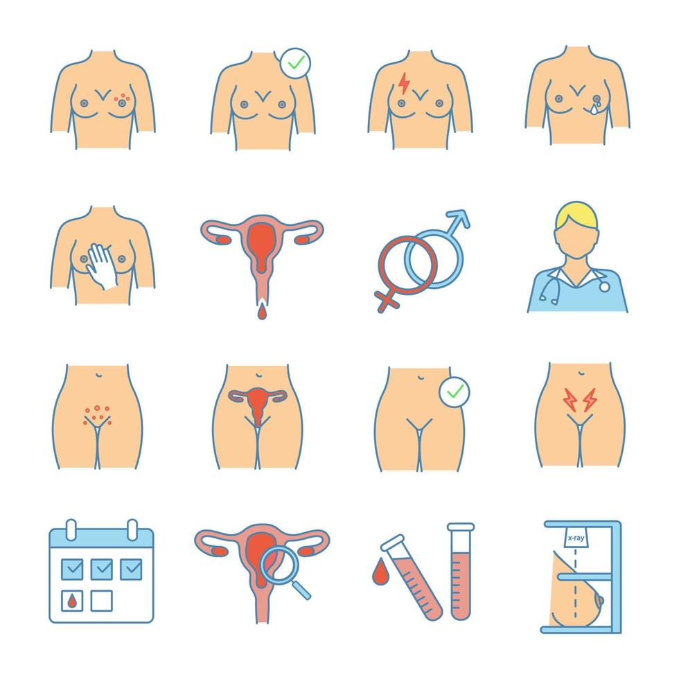 conjunto de iconos de color de ginecología. la salud de la mujer. examen de mama. Trastornos del aparato reproductor femenino. ilustraciones de vectores aislados