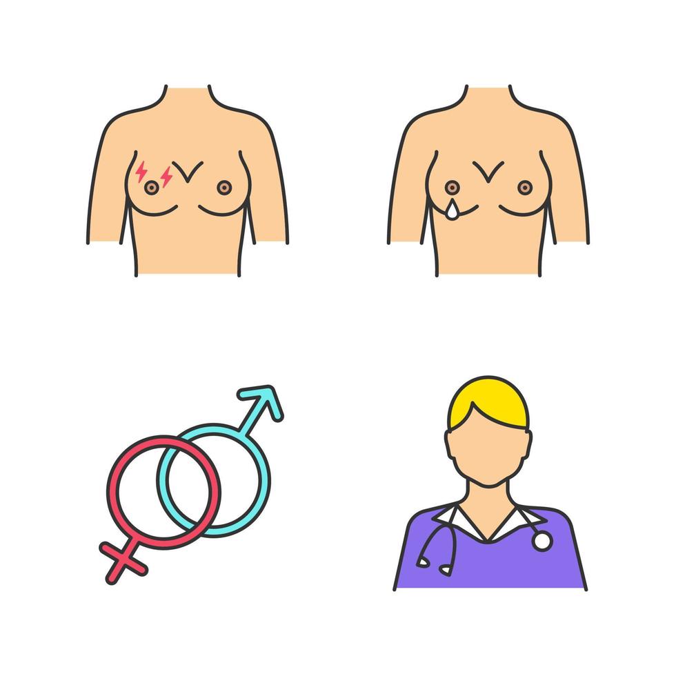 Gynecology color icons set. Breast pain, nipple discharge, heterosexuality symbol, gynecologist. Isolated vector illustrations