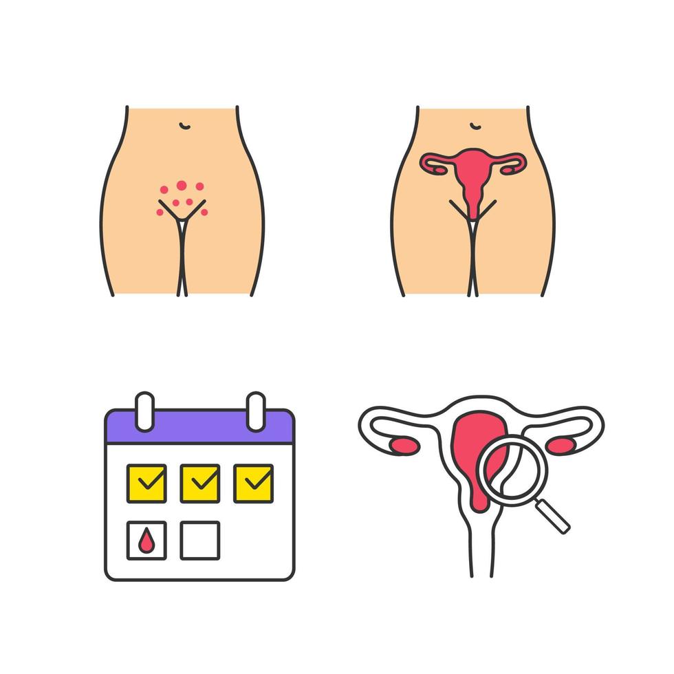 Gynecology color icons set. Genital rash, female reproductive system, menstrual calendar, gynecological exam. Isolated vector illustrations