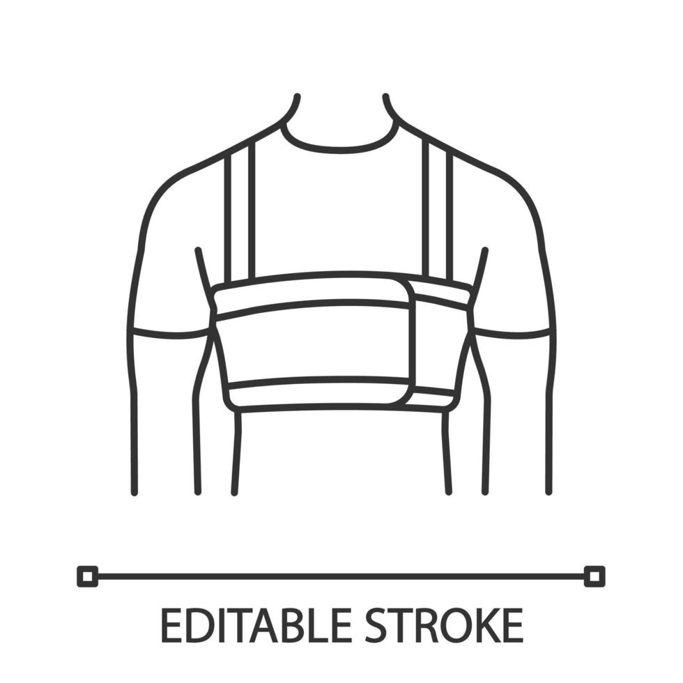 Icono lineal de cinturón de costilla de hombres quirúrgicos. aglutinante de pecho postoperatorio masculino. ilustración de línea delgada. vendaje de ginecomastia. corsé esternal elástico. símbolo de contorno dibujo vectorial aislado. trazo editable vector