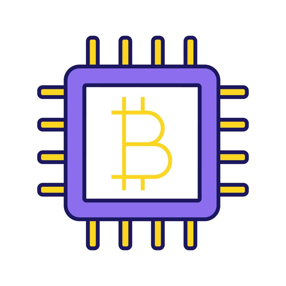 CPU mining color icon. Cryptocurrency mining hardware. Bitcoin sign inside microchip. Digital money. Isolated vector illustration