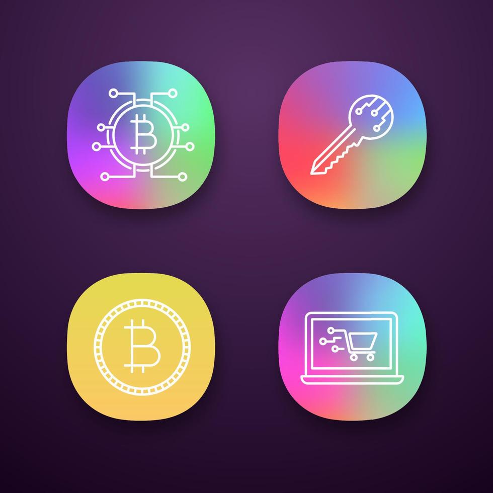 Bitcoin cryptocurrency app icons set. UI UX user interface. Digital key, bitcoin with microchip pathway, coin, online shopping. Web or mobile applications. Vector isolated illustrations