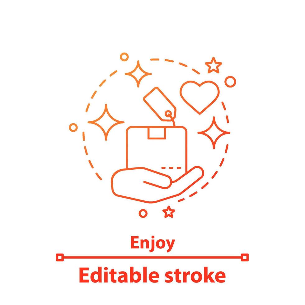Shopping enjoyment concept icon. Purchases idea thin line illustration. Hand holding box. Excellent delivery service. Vector isolated outline drawing. Editable stroke