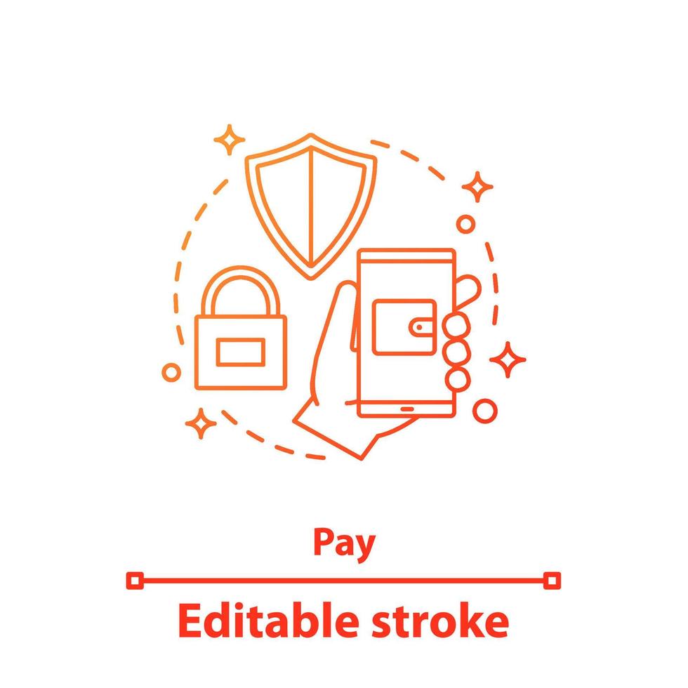 Pay concept icon. Safe e-payment. Digital wallet. Mobile banking idea thin line illustration. Secured online money transactions. Vector isolated outline drawing. Editable stroke