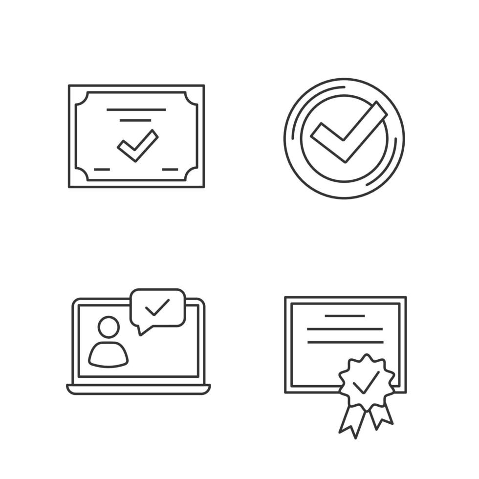 Approve linear icons set. Verification and validation. Chat approved, certificate, check mark. Thin line contour symbols. Isolated vector outline illustrations. Editable stroke