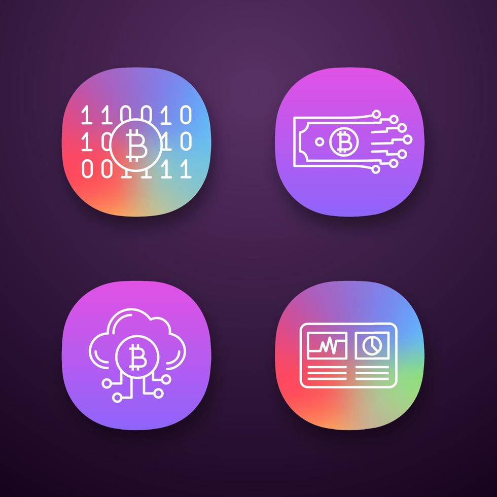 Bitcoin cryptocurrency app icons set. UI UX user interface. Binary code, digital money, cloud mining, hashrate. Web or mobile applications. Vector isolated illustrations