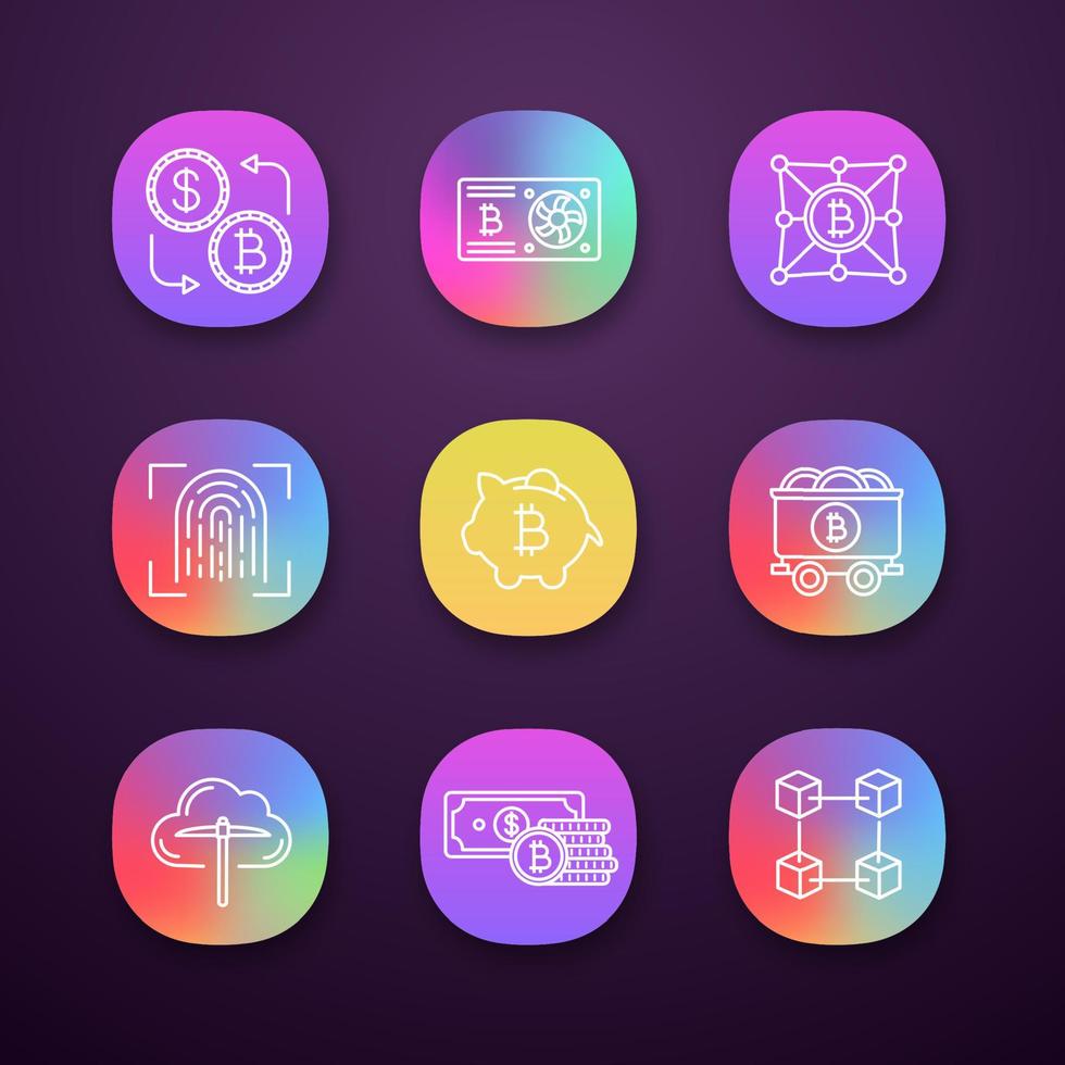 Bitcoin cryptocurrency app icons set. UI UX interface. Currency exchange, graphic card, blockchain, cryptocurrency, savings, mining, mine cart, piggy bank, fingerprint scanning. Vector illustrations