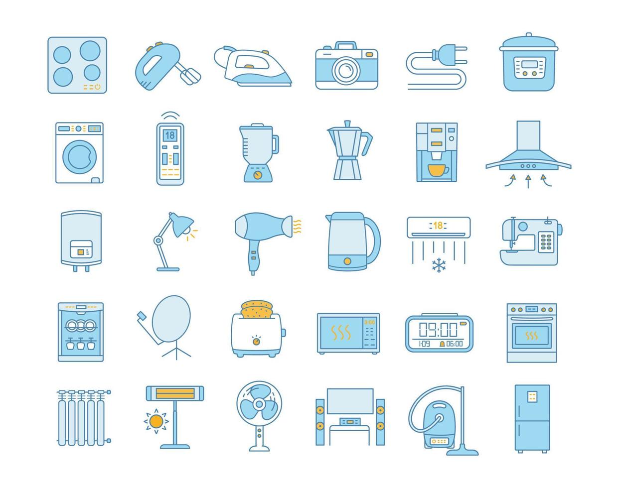 Household appliance color icons set. Home and kitchen electronics. Domestic technology. Refrigerator, vacuum cleaner, washing machine, mixer, dishwasher, oven, stove. Isolated vector illustrations