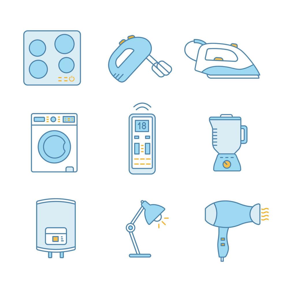 Household appliance color icons set. Cooktop, handheld mixer, steam iron, washing machine, remote control, blender, water heater, table lamp, hair dryer. Isolated vector illustrations