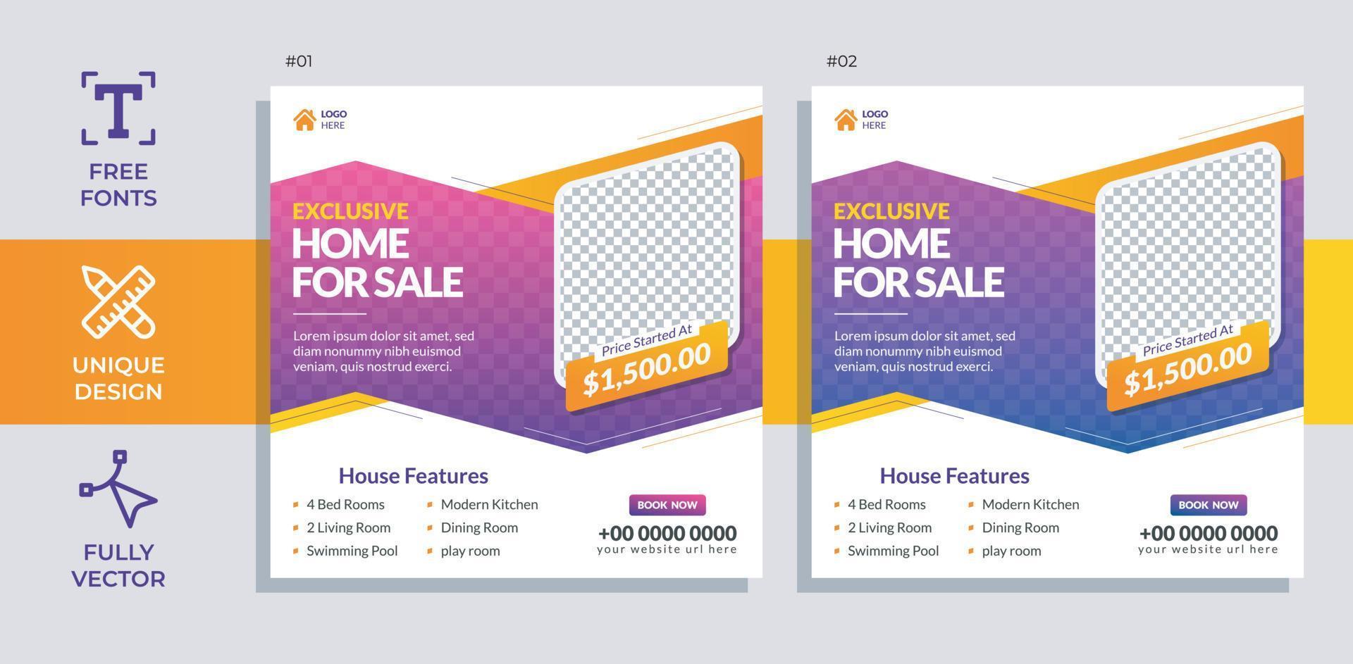 Real Estate Social Media Post Template. Elegant of Real Estate or Home Sale Social Media Promotion, Square design Template. vector