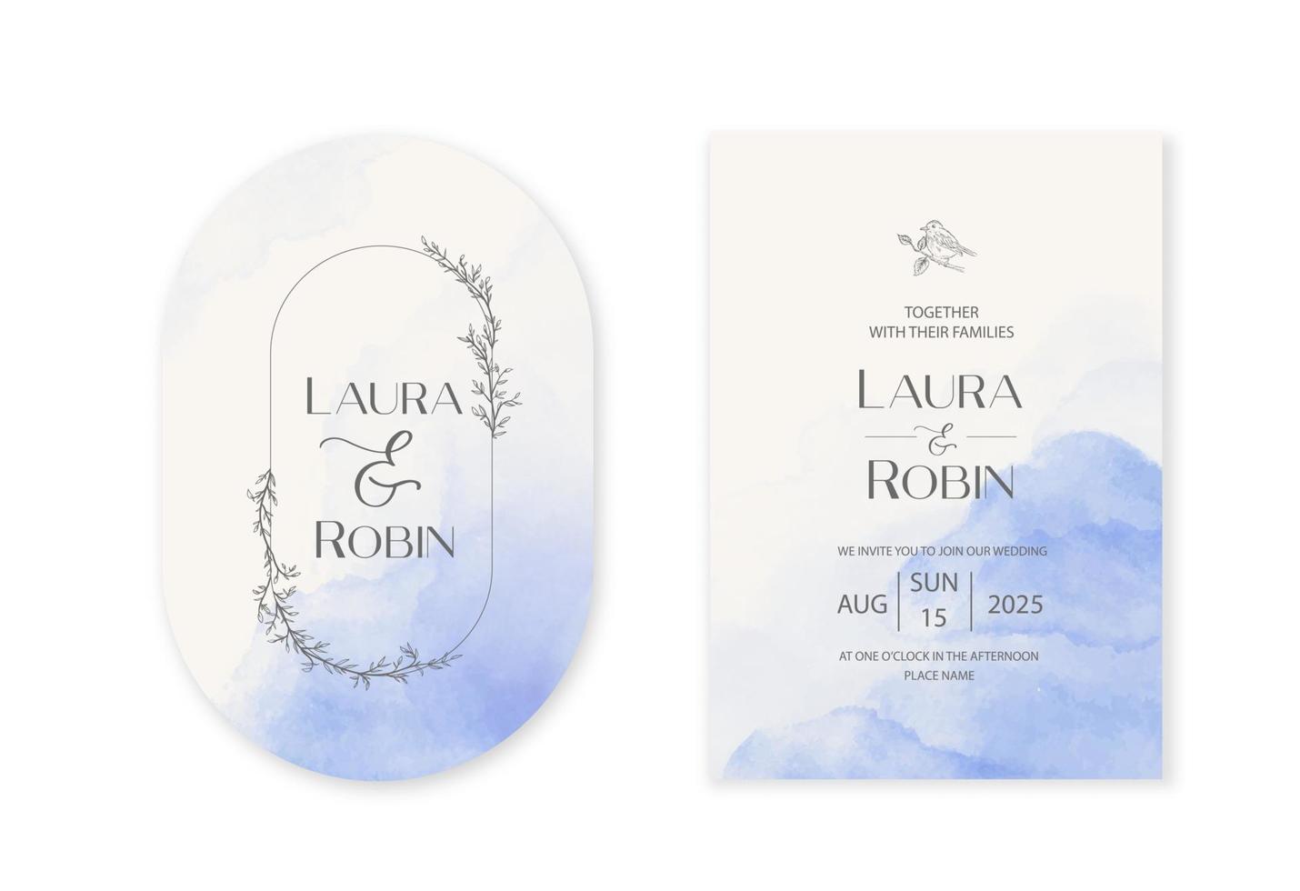 Vintage wedding invitation card template with blue watercolor stain. Double arch elegant shape. vector