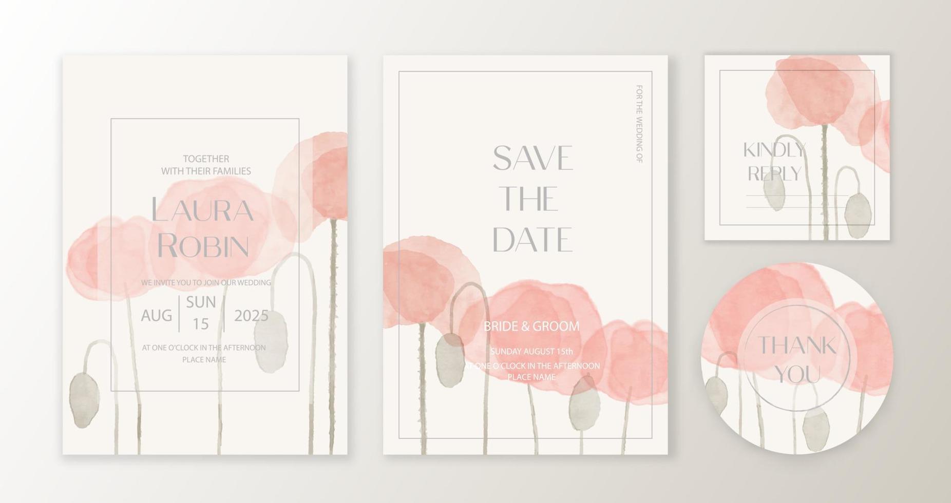 Vintage wedding set template with red watercolor poppy. Wedding invitation, save the date, thank you card. vector