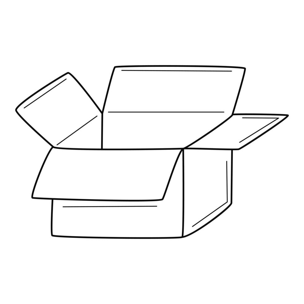 An open empty cardboard box. Delivery, gift, unpacking. Hand-drawn black and white vector illustration. Isolated on a white background.