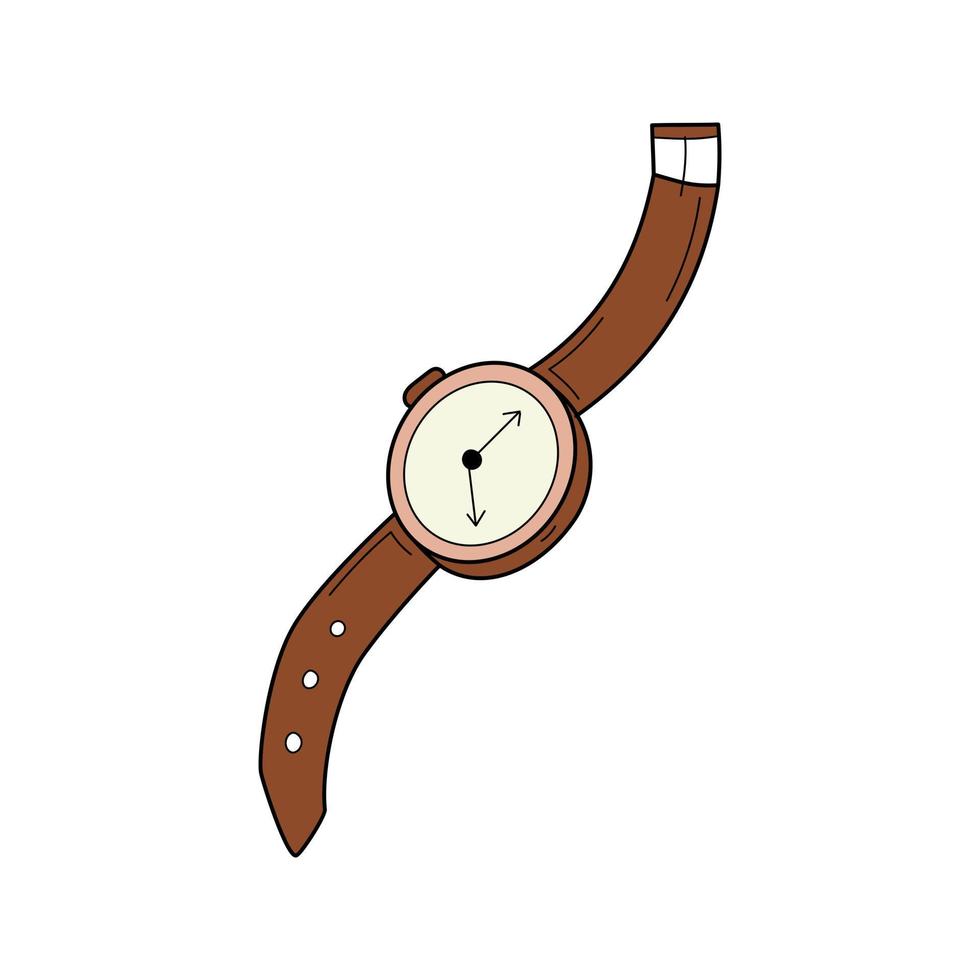 A wrist watch with a strap. Doodle style. Hand-drawn Colorful vector illustration. The design elements are isolated on a white background.