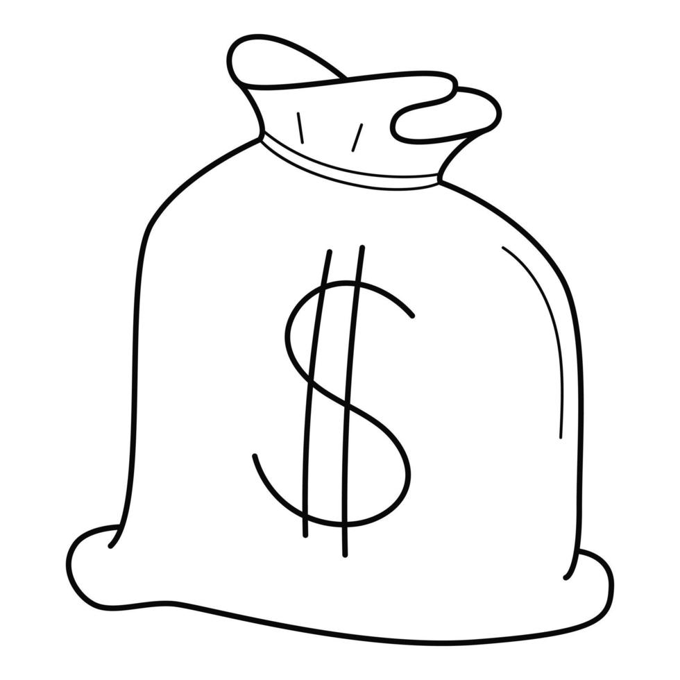 A closed bag of money with a dollar sign. Bank collection, a symbol of wealth, income, prosperity. Linear icon. Hand-drawn black and white vector illustration. Isolated on a white background.