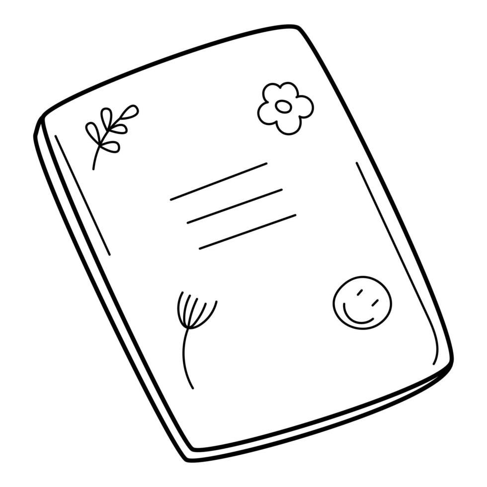 un cuaderno escolar con dibujos. garabatear. ilustración vectorial en blanco y negro dibujada a mano. los elementos de diseño están aislados en un fondo blanco. vector