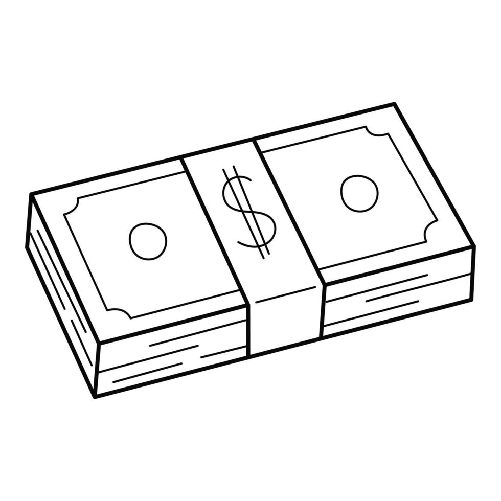 una pila de billetes de papel. un fajo de billetes de dólar. un símbolo de acumulación de dinero, riqueza, un soborno. icono lineal. ilustración vectorial en blanco y negro dibujada a mano. Aislado en un fondo blanco vector