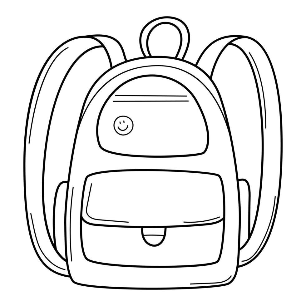 A school backpack with pockets. Doodle. Hand-drawn black and white vector illustration. The design elements are isolated on a white background.