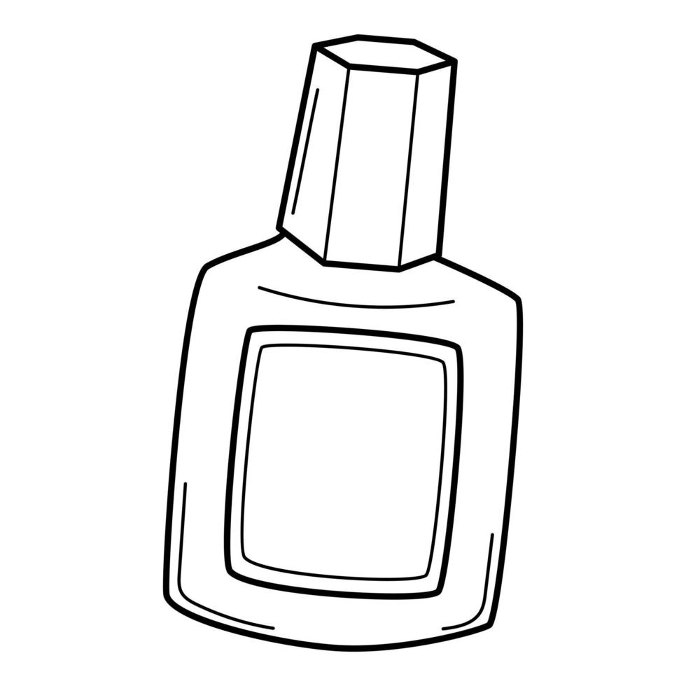 A bottle with a cap, a correction liquid. Doodle outline style. Hand-drawn black and white vector illustration. The design elements are isolated on a white background.