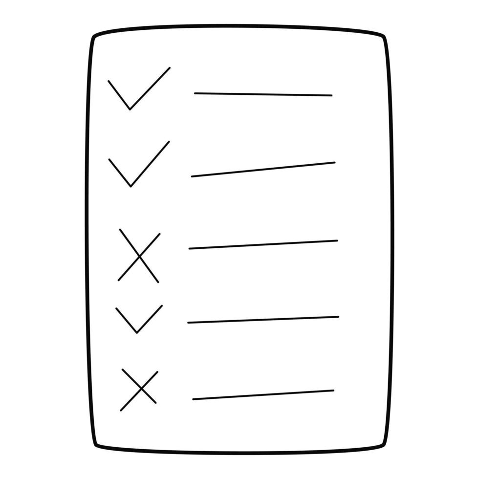 Questionnaire, checklist, to-do list, questionnaire, voting form. A sheet with ticks and crosses. Hand-drawn black and white vector illustration. Isolated on a white background