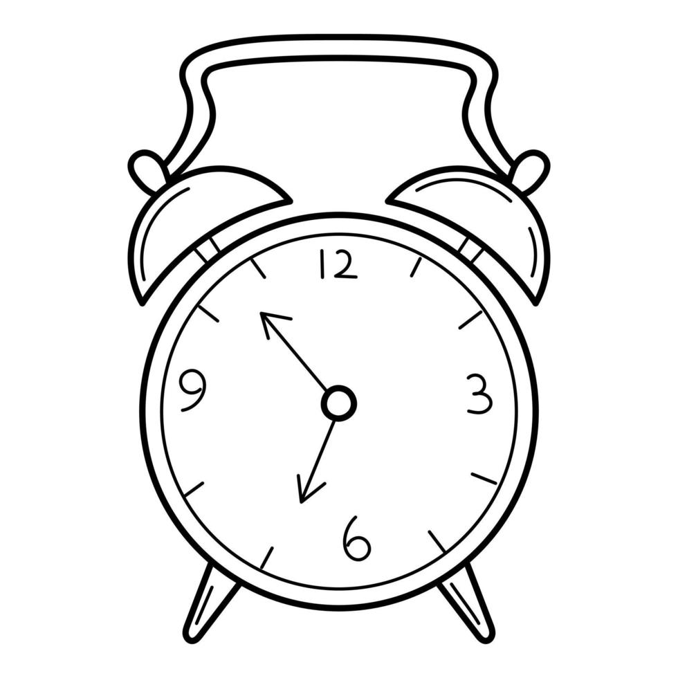 An antique alarm clock. Doodle style. Hand-drawn black and white vector illustration. The design elements are isolated on a white background.