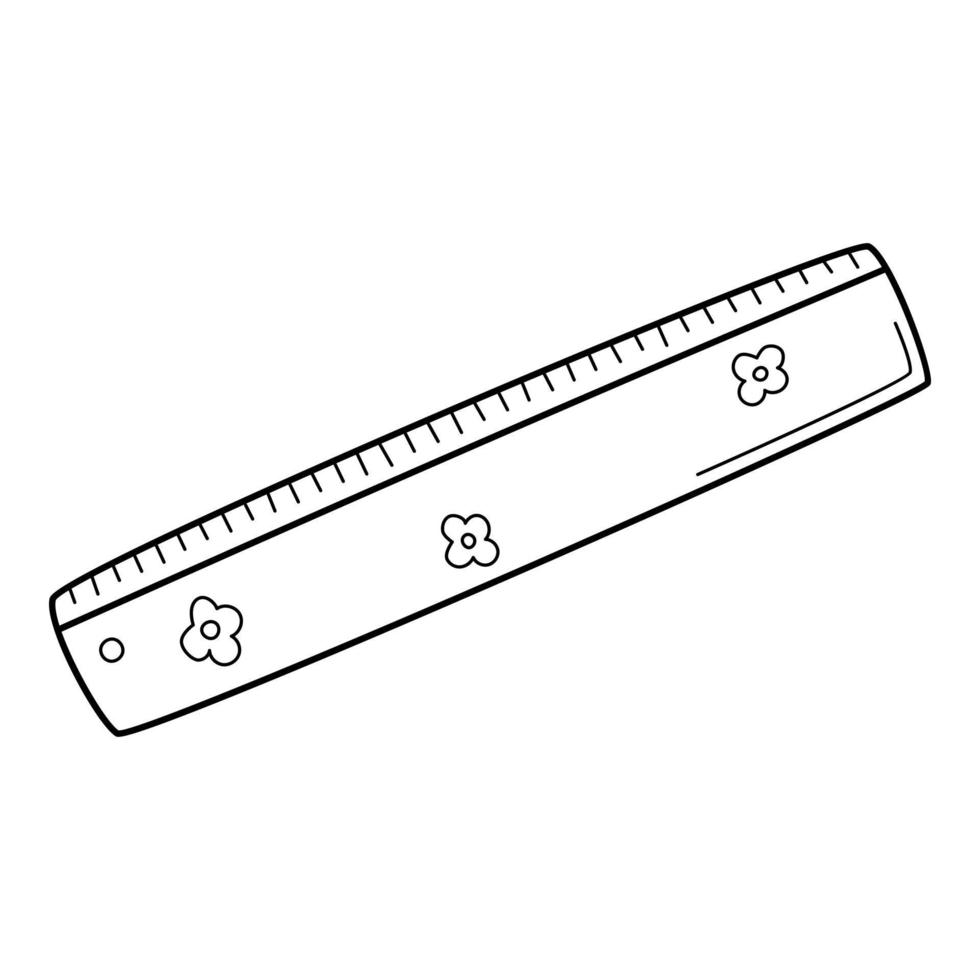 A simple ruler with flowers. School item. Doodle. Hand-drawn black and white vector illustration. The design elements are isolated on a white background