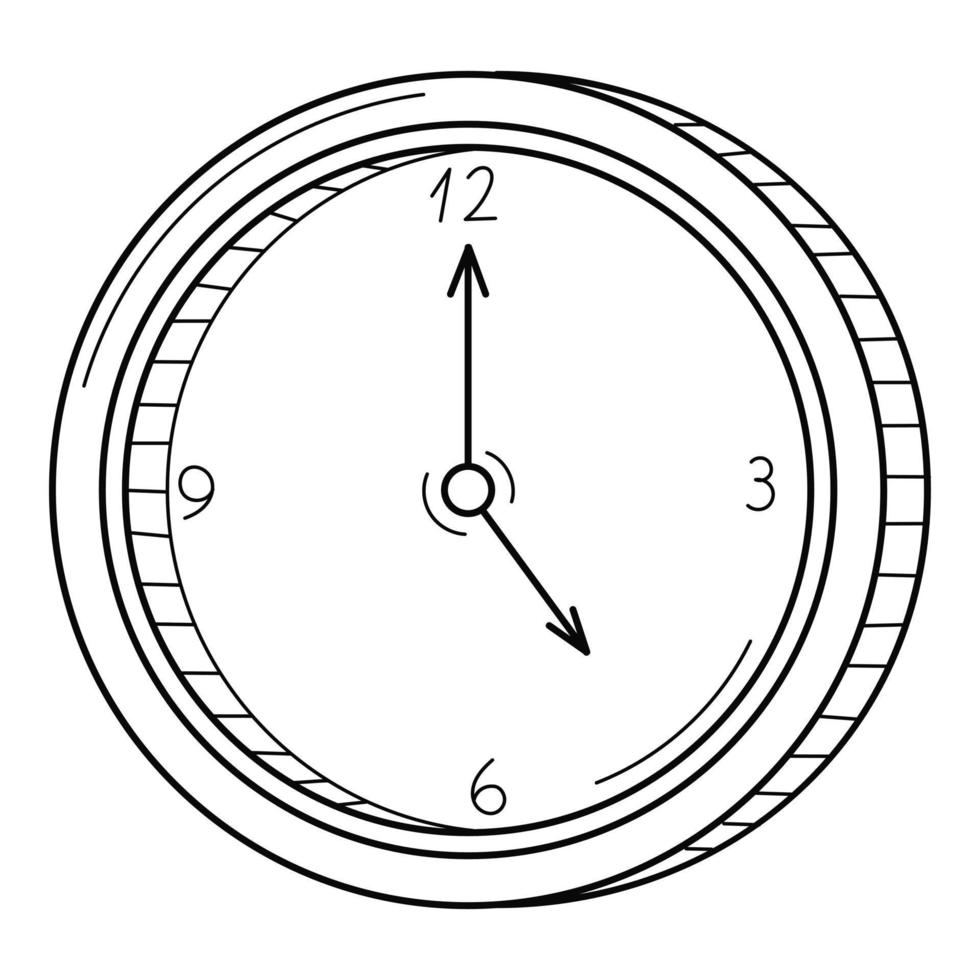 reloj de pared redondo analógico mecánico con manecillas. icono lineal. ilustración vectorial en blanco y negro dibujada a mano. Aislado en un fondo blanco vector