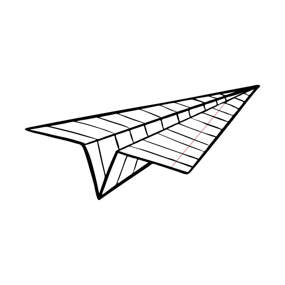 Airplane from a notebook sheet. Origami, paper crafts. Symbol of movement, flight, message, news. School fun.The sketch is hand-drawn. Black-white vector illustration. Isolated on a white background.