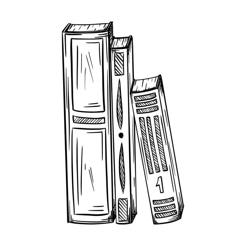 Books in a sketch style. Several books stand vertically next to each other.A symbol of study, literature, and education. Black and white vector illustration. Outline. Hand drawn and isolated on white.