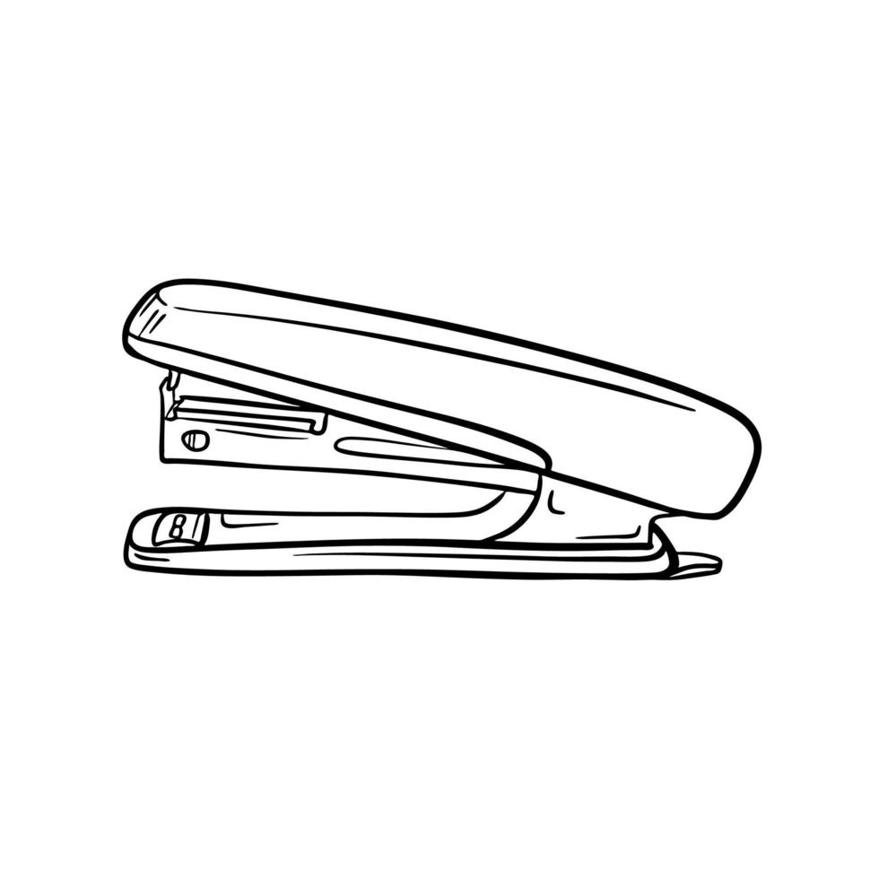 A sketch of the stapler. Stationery, office supplies for paper binding. Engraving style. Digital drawing. Side view. Hand drawn and isolated on white. Black and white vector illustration