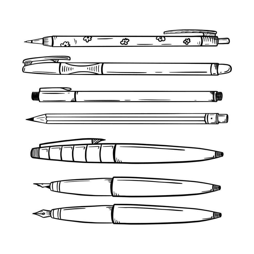 Set of pens, automatic and regular pencils, calligraphy pen. Stationery for writing and drawing. School supplies. Black and white vector. Sketch style, draft. Hand-drawn isolated on a white background vector