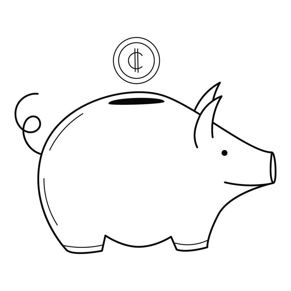 Piggy bank with a coin. A symbol of accumulation, saving money. Hand-drawn black and white vector illustration. Isolated on a white background