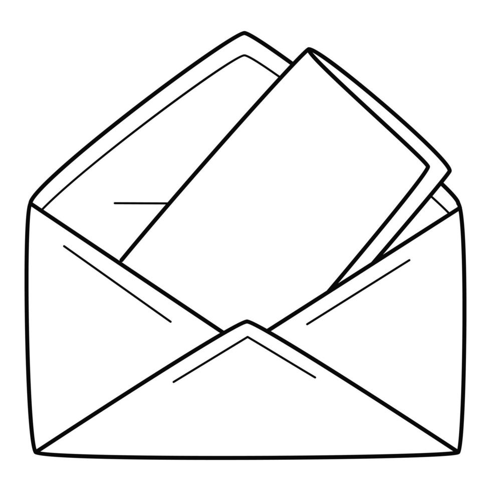 un sobre de papel abierto con una carta. correspondencia por correo, mensaje. icono lineal. ilustración vectorial en blanco y negro dibujada a mano. Aislado en un fondo blanco vector